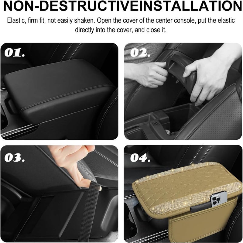 NBTEPEM Bling Beige Car Center Console Cover, Leather Car Arm Rest Cover with 2 Storage Bags, Universal Auto Armrest Protector Storage Box, Bling Accessories Interior for Most Vehicles - Image 5